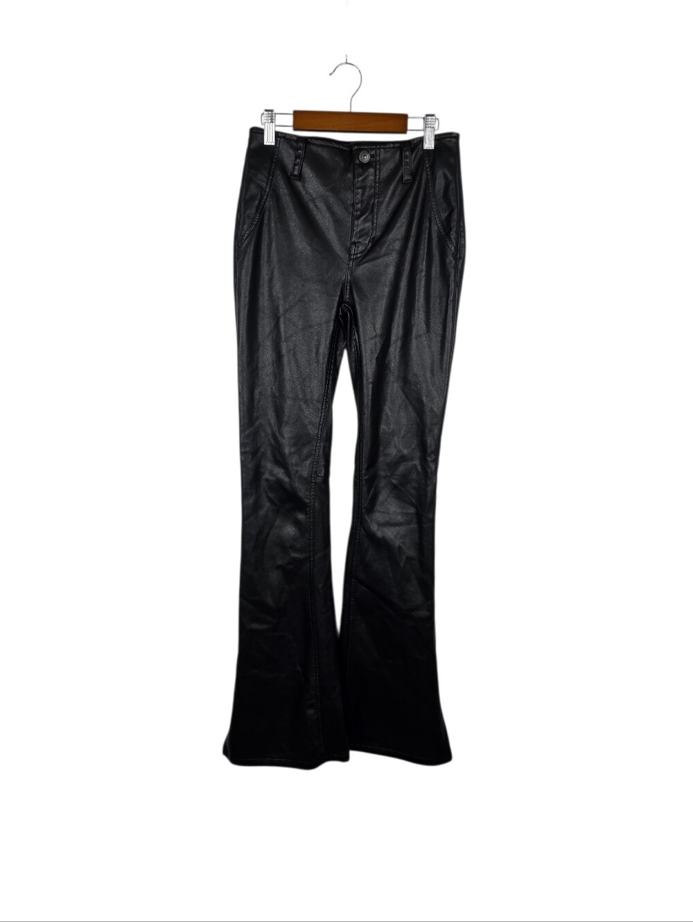We The Free Black Faux Leather Flare Pants Slit Sides Curve Hugging Slim Size 26 - Picture 1 of 16